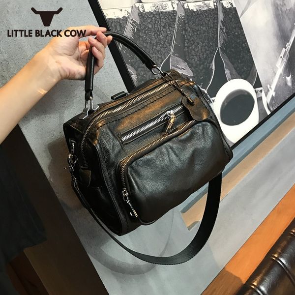 

женщины новой моды кожа коровы черного crossbody сумка женской повседневная мягкая натуральная кожа плечо сумочка на молнию сумка