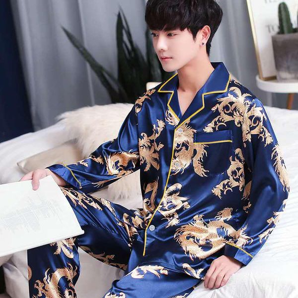 

fzslcyiyi summer suit long sleeve pants silk men pajama sets sleep dragon phoenix print satin sleepwear rayon pyjama men pyjamas, Black;brown