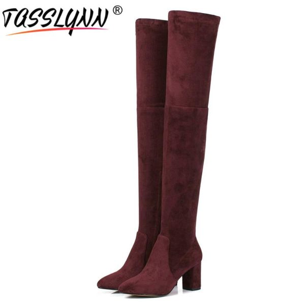 

tasslynn 2020 women boots cow suede winter shoes women square heels over the knee boots round toe wedding shoes size 34-41, Black
