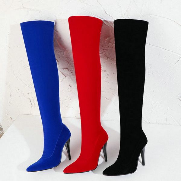 

2020 winter over the knee women boots stretch fabrics high heel zipper shoes pointed toe woman long boots size 34-43, Black