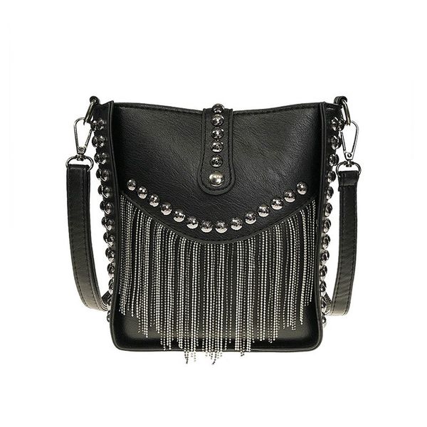 

women tassel shoulder bag punk rivet ladies messenger bag small bucket female crossbody bags for women