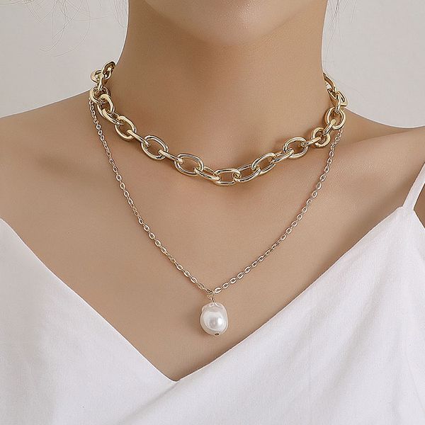 

vintage punk aluminium thick chain pearl pendant necklace women double layer temperament geometric clavicle necklace jewelry, Silver