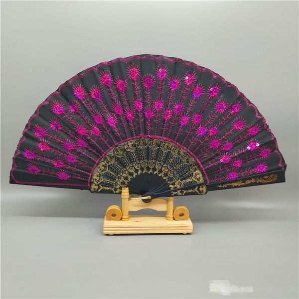 

colorful ladys spanish embroidered sequins hand flower lace folding fan peacock showing expectations of love wedding party decor