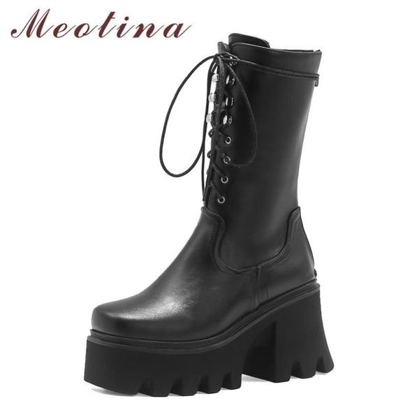 

meotina mid calf boots women shoes zip platform extreme high heel ladies boots cross tied block heels punk female black 44