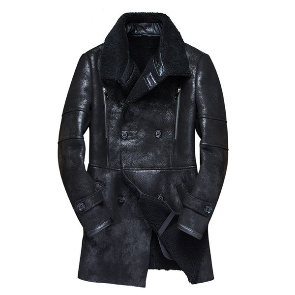 

real genuine leather jacket men winter vintage sheepskin coat shearling jacket natural wool fur coats 7121-1 kj3288, Black