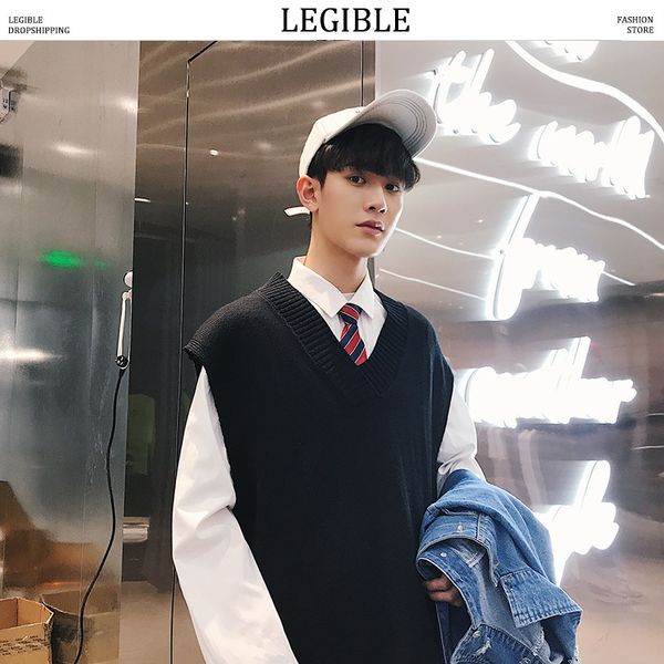 

legible korean sweaters vest mens solid loose fit jumpers sleeveless knitwear sweater men casual oversize men clothes, Black;white