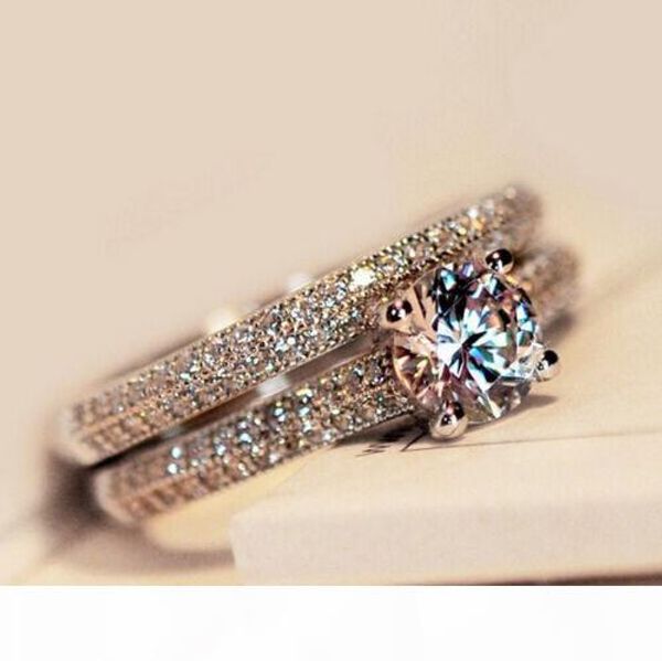 

size4-10 amazing victoria weick 925 sterling silver filled white z ziconia diamonique wedding engagement bridal band ring set gift, Golden;silver