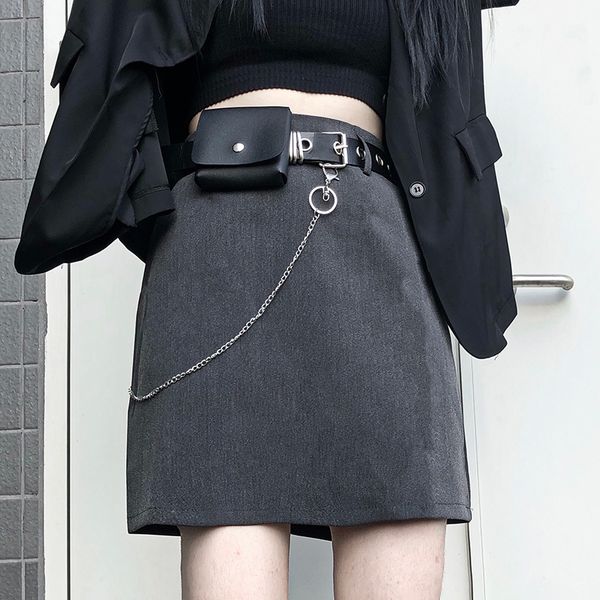 

harajuku skirt women chic casual high waist a-line skirt mujer with belt vintage straight bodycon autumn 2020 petticoat, Black