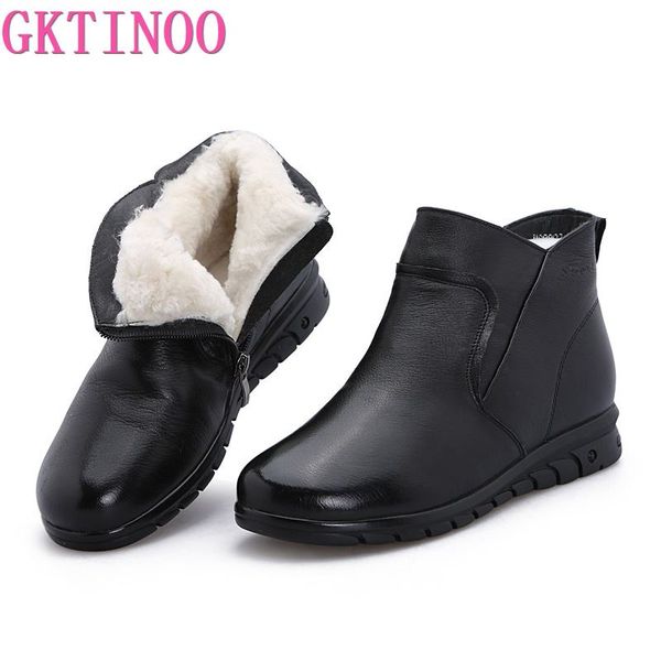 

gktinoo women snow boots 2020 winter warm thick wool ankle boots for women genuine leather zipper flat botas mujer, Black