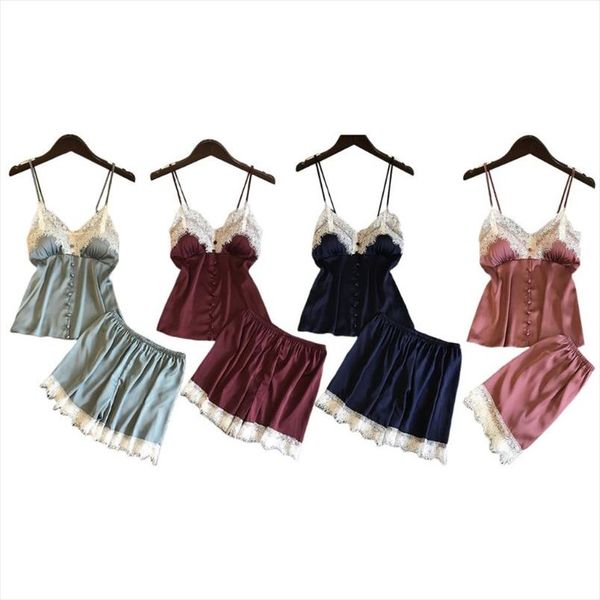 

womens imitation silk lingerie set push up padded button down camisole wide leg eyelash lace shorts solid color nightwear, Gray