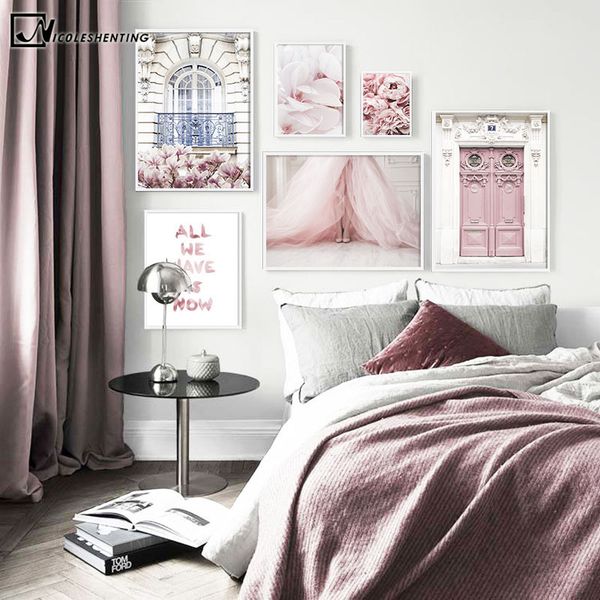 

pink door balcony flower poster nordic pgraphy print landscape canvas painting trendy artwork picture modern home decoration