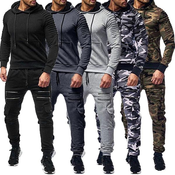 

men sport suit zip up hooded jacket sweatshirt+pant running jogger casual exercise outfit workout set active sports wear #c, White;black