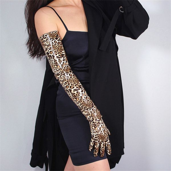 

five fingers gloves fashion leopard long 70cm patent leather section elbow simulation pu bright brown, Blue;gray