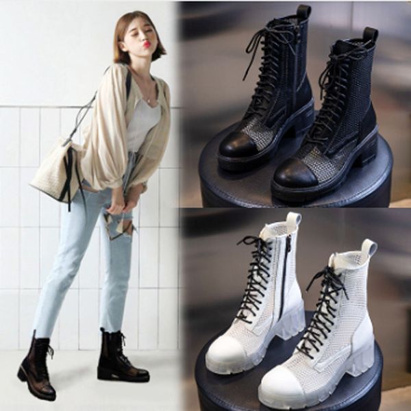 

summer breathable leather boots women 2020 new thick bottom mesh boots women's medium sleeve casual women's sandals, Black