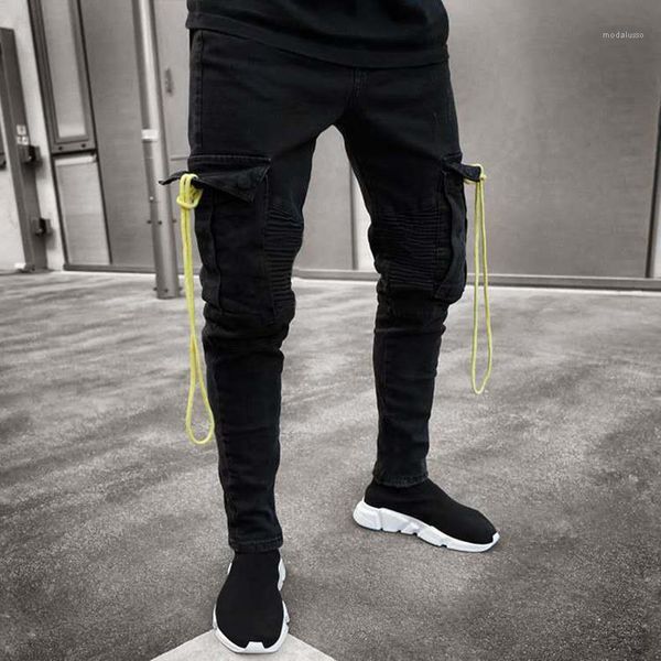 

желтый дизайнер карманы карандаш брюки длинные брюки новые 19ss mens black рваные джинсы, Blue