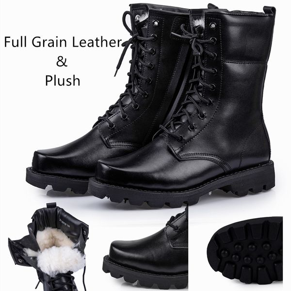 

plush full grain leather military men tactical boots outdoor waterproof hiking snow shoes non-slip combat boots, Black;green