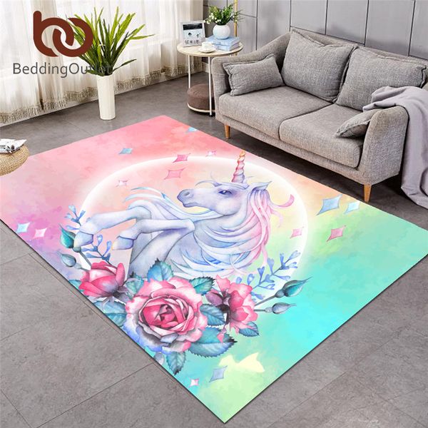 BeddingOutlet Unicórnio Tapetes grande para a área Floral Sala Rose desenhos animados crianças brincam Tapete Rosa Tapete para meninas Quarto 122x183 Y200416