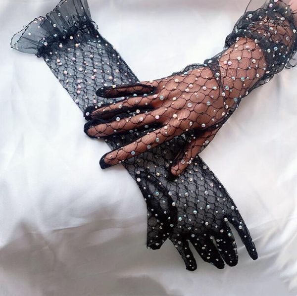 

women' elegant shiny diamonds beaded party dancing long mesh glove female spring summer sunscreen black lace glove r3067, Blue;gray