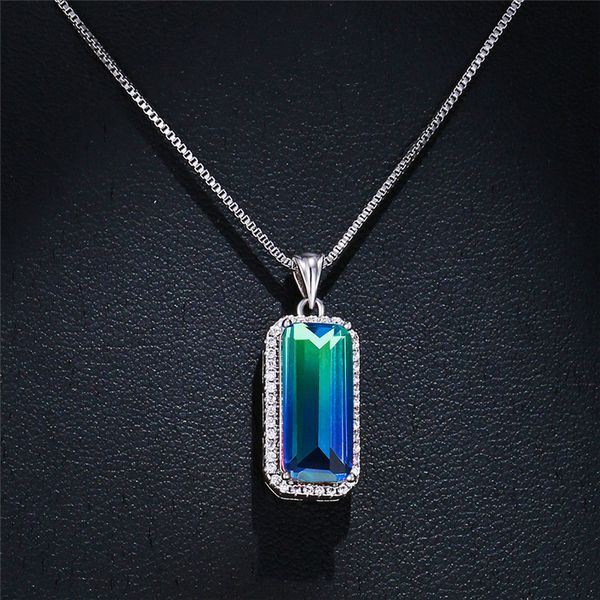 

pendant necklaces cute female blue zircon necklace rose gold silver color chain dainty rainbow square wedding for women