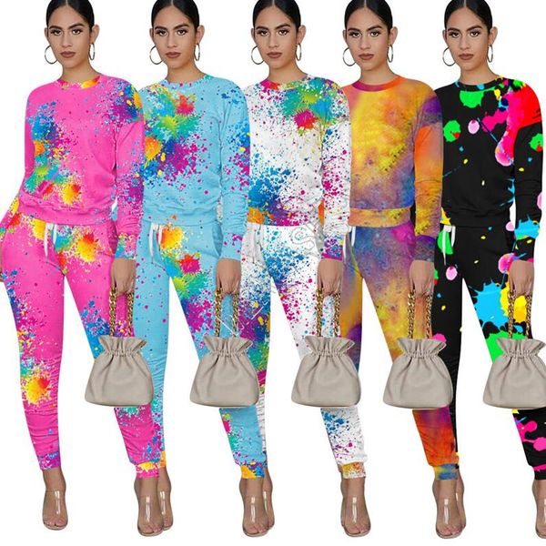 

граффити печати женщины tracksuit с длинным рукавом футболка брюки леггинсы всплеск чернила два кусочка эпикировка конструкторы tie dye одеж, White