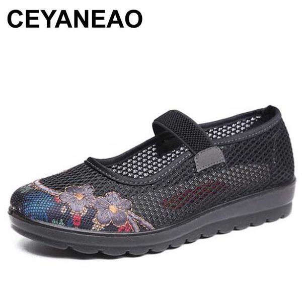 

ceyaneao women shoes 2020 summer platform mary janes butterfly printing mesh female flats quality chinese old beijing shoes, Black