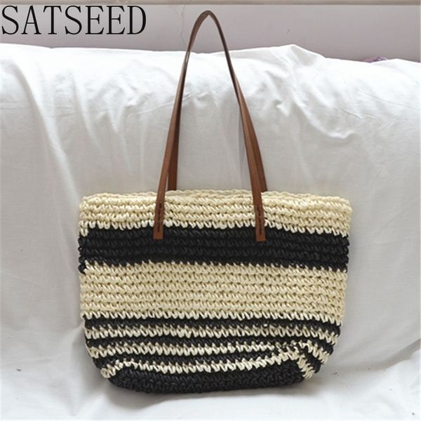 

paper rope straw bag hand-woven black and white striped shoulder bag simple handbag female purses and handbags