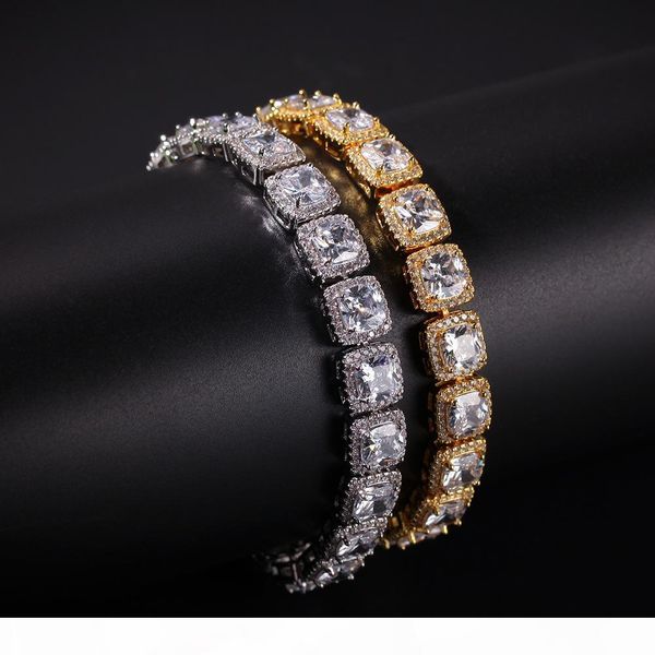 

hip hop cube square stones chain bracelet for men women gold silver color micro pave cubic zircon 10mm, Golden;silver