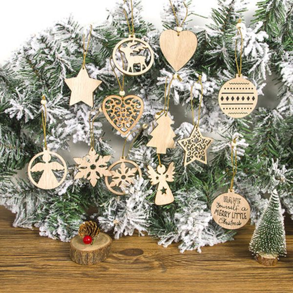 

12pcs/set vintage christmas wooden pendants ornaments diy wood crafts xmas tree ornaments christmas party decorations kids gift