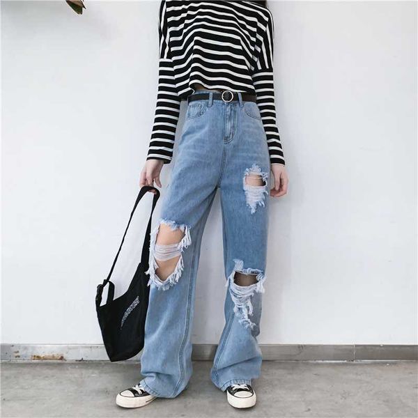 

knee hole distressed destroyed ripped jeans for women plus size high waist boyfriend jeans trousers woman loose long denim, Blue