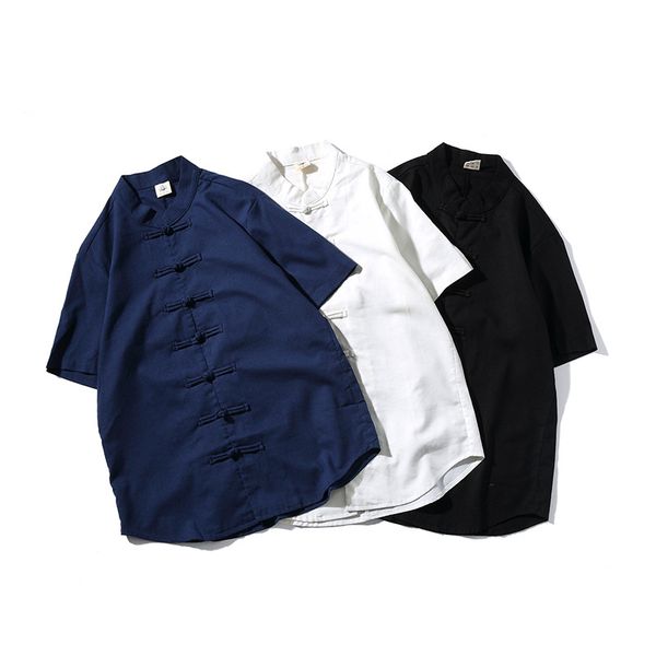 

chinese traditional mandarin collar tang suit summer cotton liene shirt casual solid short sleeve clothing plus size -3xl, White;black