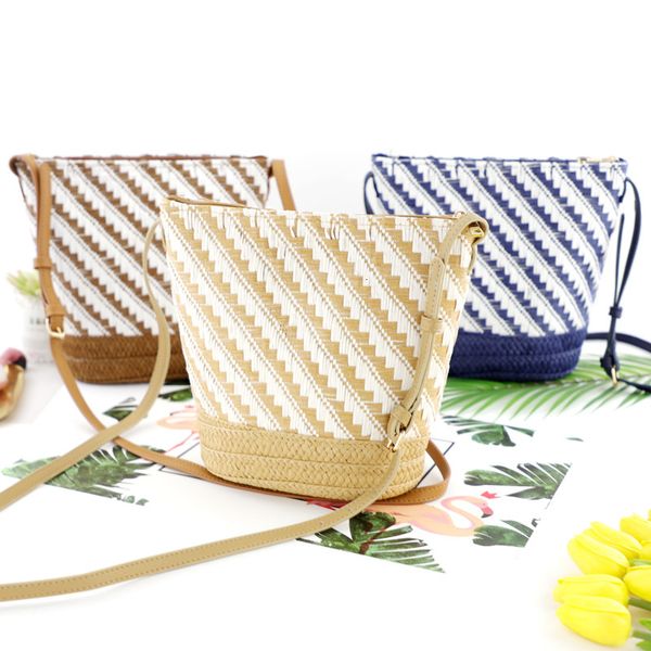 

new striped bucket slung straw paper rope weaving ladies shoulder bags beach bag Handbags