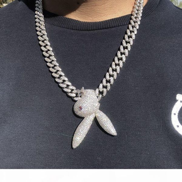 

mens jewelry iced out upside down bunny cuban chain necklace 18k white gold plated mens hip hop jewelry gift, Silver