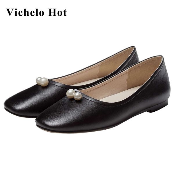 

vichelo princess style pearl decoration natural leather korean street pretty girls dating shallow slip on women flats l18, Black