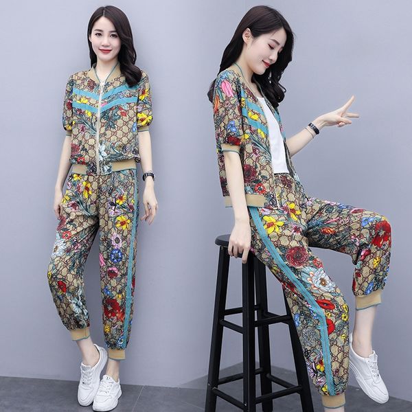 

sports casual fashion suit for women 2020 summer new western style age-reducing temperament slimming large size two-piece sports suitleisure, Gray