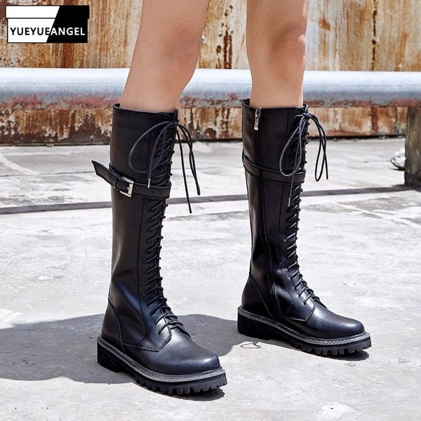 

euro fashion cross tied buckle zipper womens knight boots winter high street round toe thick bottom genuine leather high boots, Black