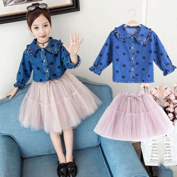 

girls clothes sets new spring autumn fashion style dot denim t-shirt + mesh skirt 2pcs for teenage girls suits children clothing, Blue;gray