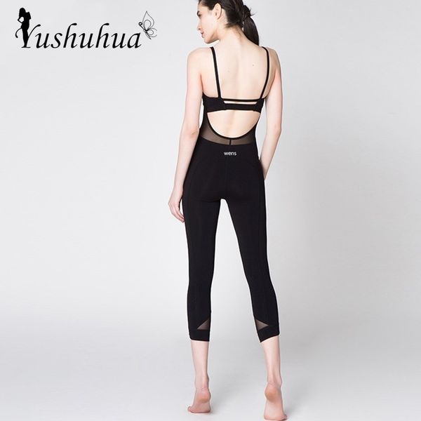

yushuhua back cross sport suit yoga set fitness jumpsuit sportswear for women gym running training workout athletic suit, Black;white