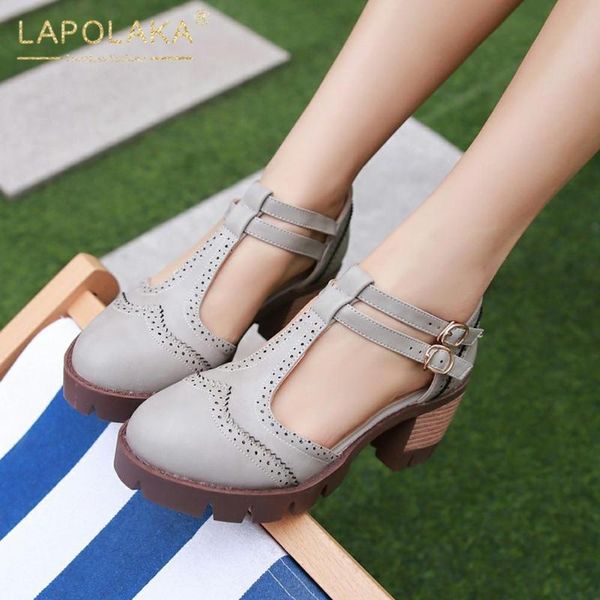 

lapolaka new fashion 2020 big size 43 thick heels summer sandals woman shoes platform buckle strap t-strap leisure sandals, Black