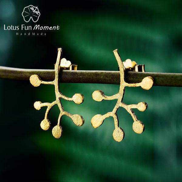 

lotus fun moment real 925 sterling silver natural original fashion jewelry life branches leaves stud earrings for women brincos, Golden;silver