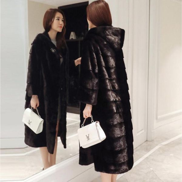 

s/6xl womens long section imitation fur outwears plus size black hooded fake overcoats fashion faux fur jackets k1220