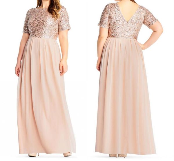 

2020 Blush Sequin Bridesmaid Dresses Short Sleeves Chiffon Floor Length V-Back Wedding Guest Gowns Plus Size Long Maid of Honor Dress Cheap