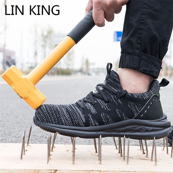

lin king breathable knit safety shoes men boots anti-smashing construction work sneakers lightweight steel toe cap outdoor shoes, Black