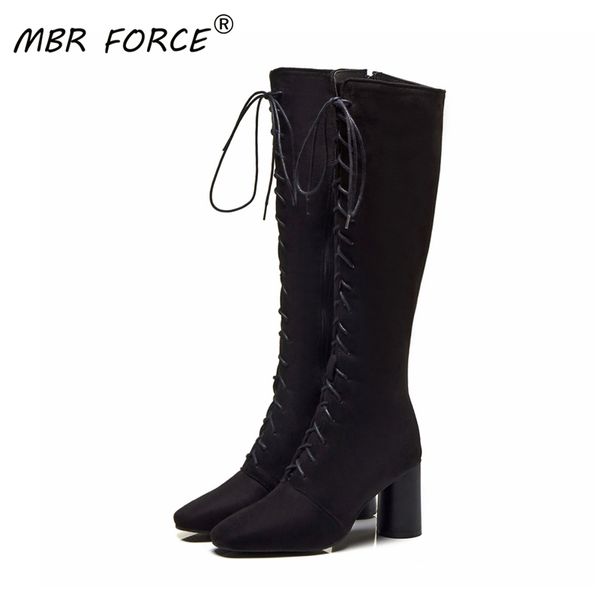 

mbr force boots women fashion lace up shoes spring autumn square toe high heels knee high boots comfortable ladies woman black
