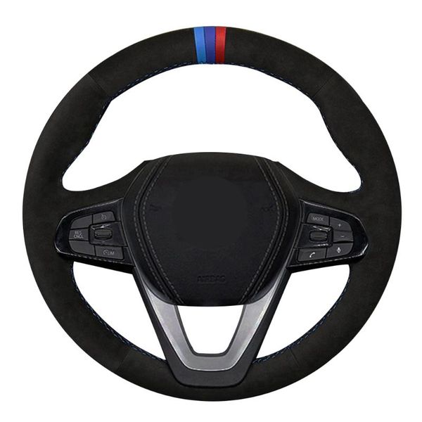 

car steering wheel cover diy black hand-stitched suede for g20 g21 g30 g31 g32 x3 g01 x4 g02 x5 g05 x7 g07 z4 g29