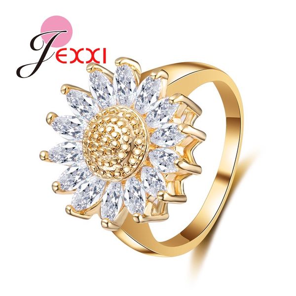 

luxurious flower design full clear cubic zirconia fashion rings yellow gold color charm party jewelry, Golden;silver