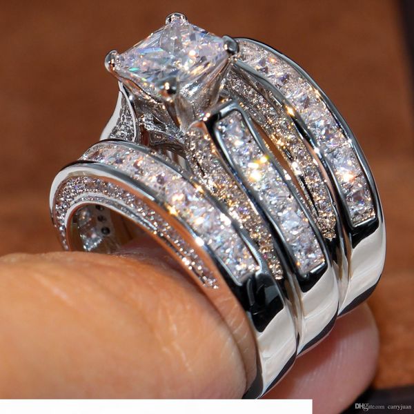 

size 5-12 sparkling luxury jewelry 925 sterling silver wedding ring princess cut 3 in 1 white z cz diamond women band ring set gift, Slivery;golden