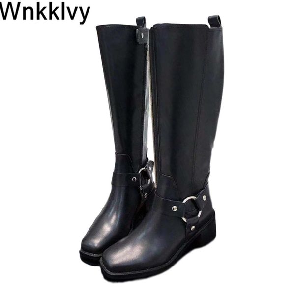 

mid heel knee high boots women spaure toe metal buckled belt decor knight long boots 2020 autumn winter runway design shoes, Black