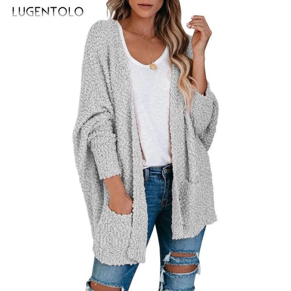 

lugentolo women cardigan sweater solid color autumn and winter new loose bat sleeve pocket female casual sweater, White