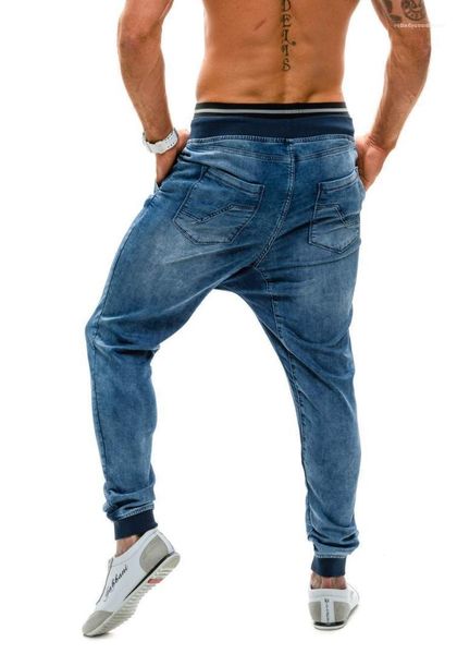 

elastic waist washed denim blue pantalones trendy mens high waist jeans casual loose harem pants