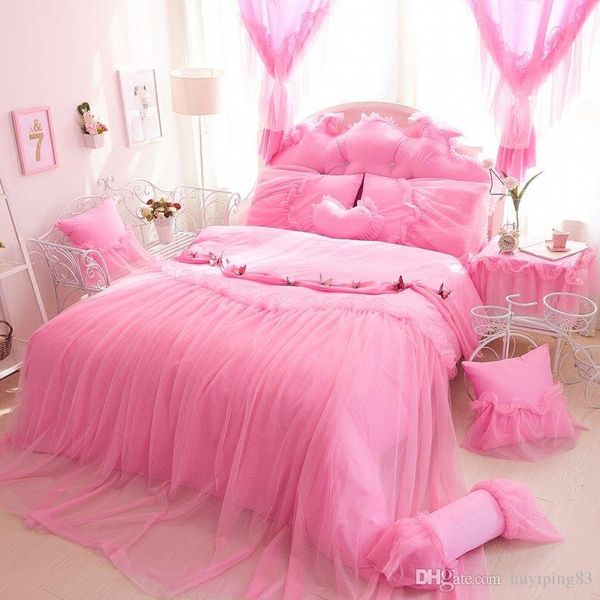 

elegant lace princess bedding set home textile 4pcs cotton bedspread bed skirts wedding bedclothes duvet cover  king size